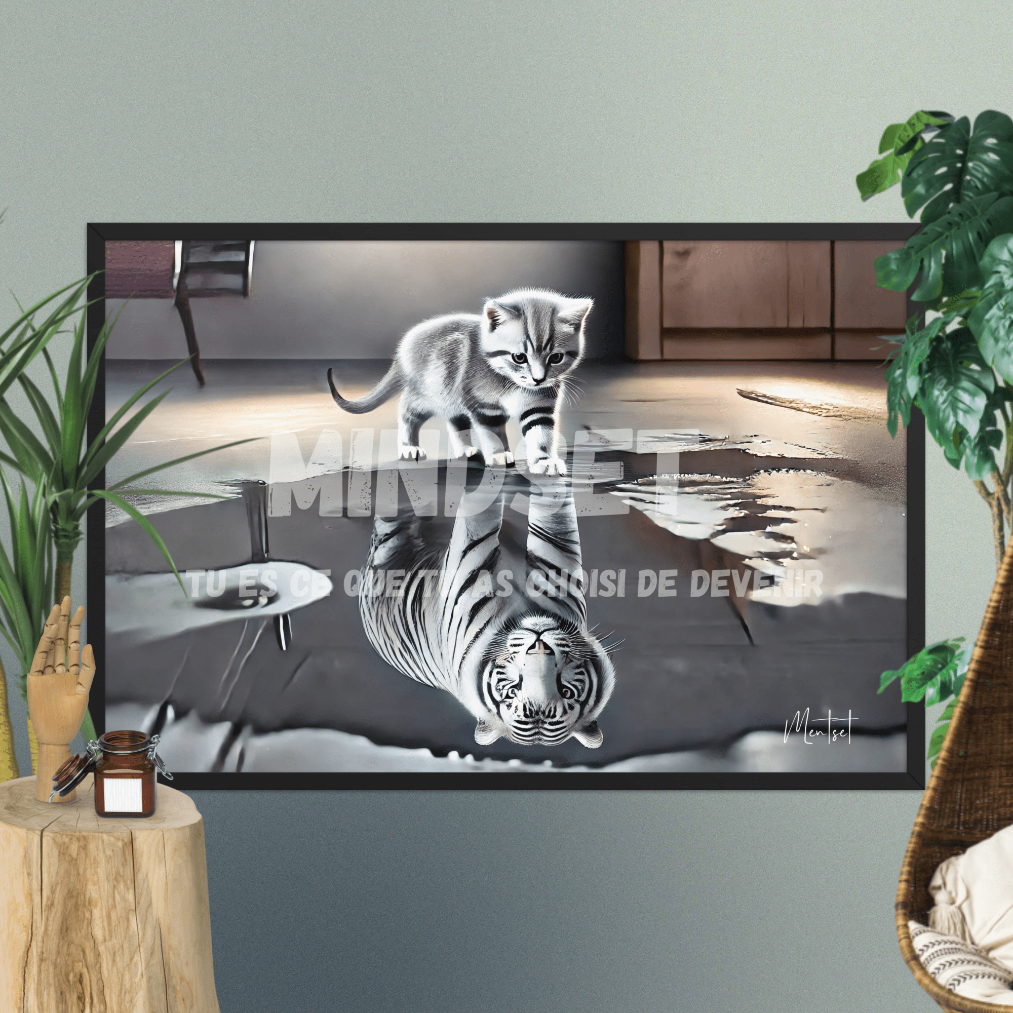 Tableau encadré "Mindset" – Chaton & Tigre Blanc - Tableau Motivation - Mentset